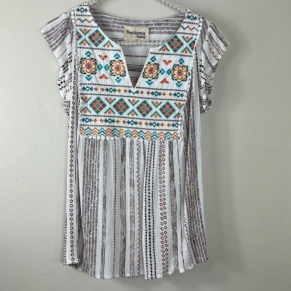 Savanna Jane Embroidered Western Aztec Tribal Swing Top Small - Picture 4 of 8